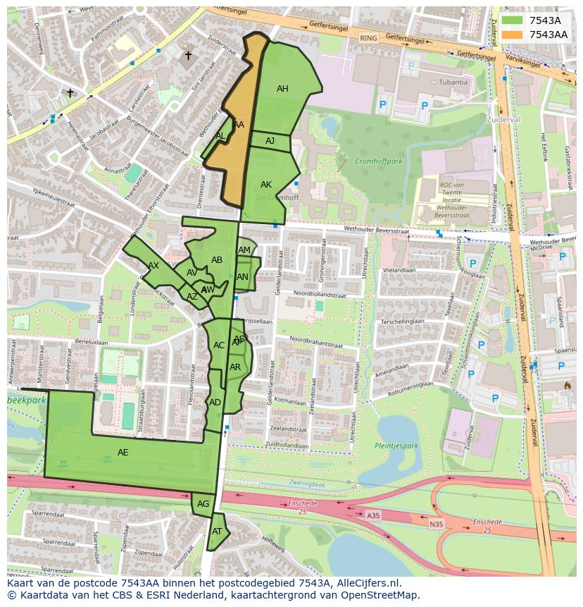 Afbeelding van het postcodegebied 7543 AA op de kaart.