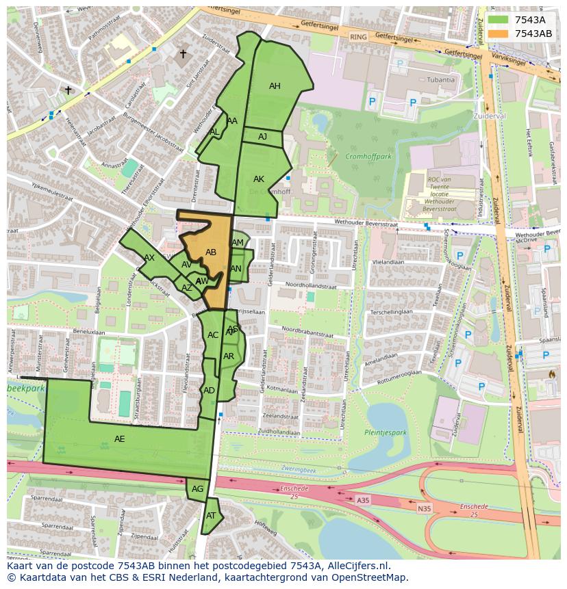 Afbeelding van het postcodegebied 7543 AB op de kaart.