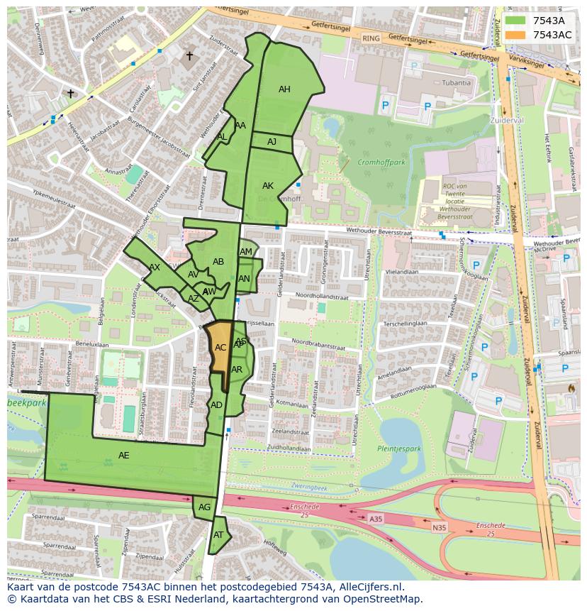 Afbeelding van het postcodegebied 7543 AC op de kaart.
