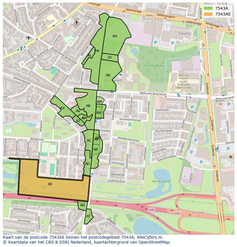 Afbeelding van het postcodegebied 7543 AE op de kaart.