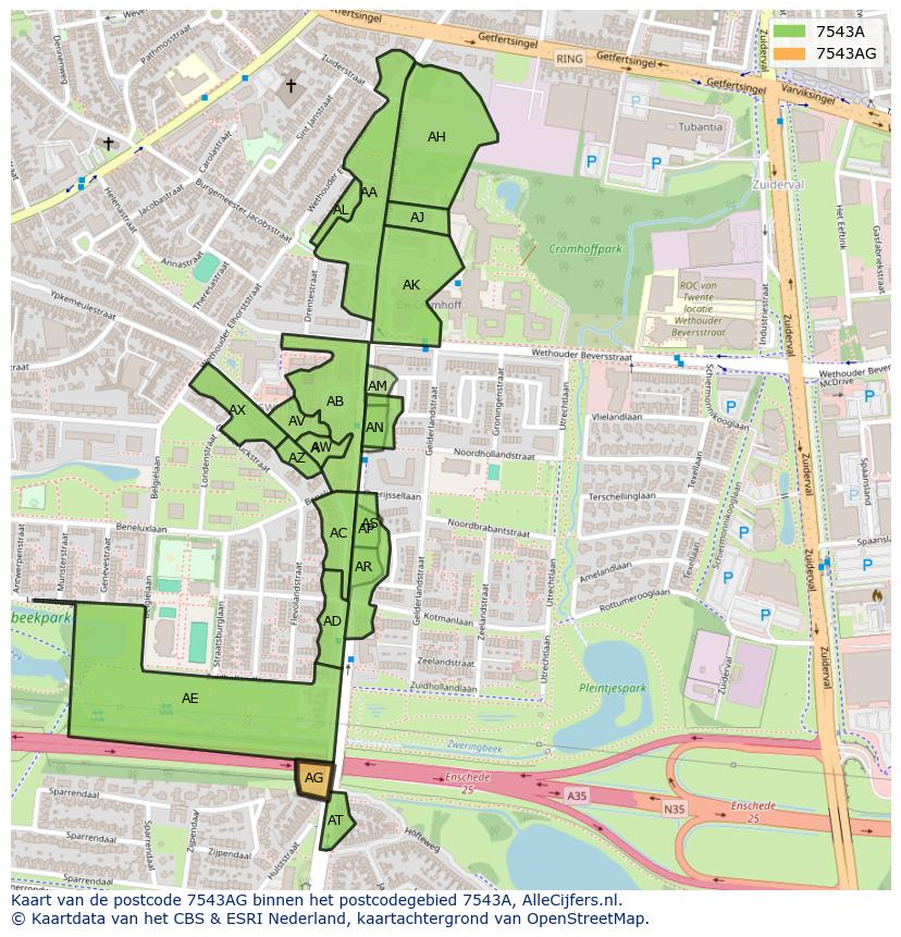 Afbeelding van het postcodegebied 7543 AG op de kaart.