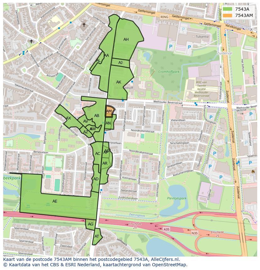 Afbeelding van het postcodegebied 7543 AM op de kaart.