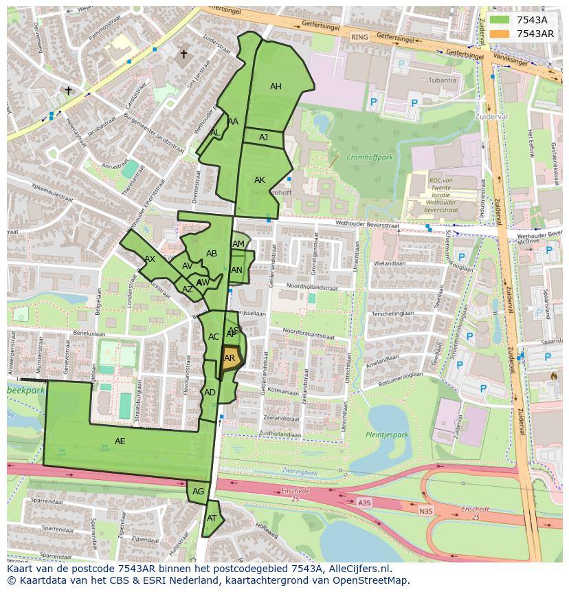 Afbeelding van het postcodegebied 7543 AR op de kaart.