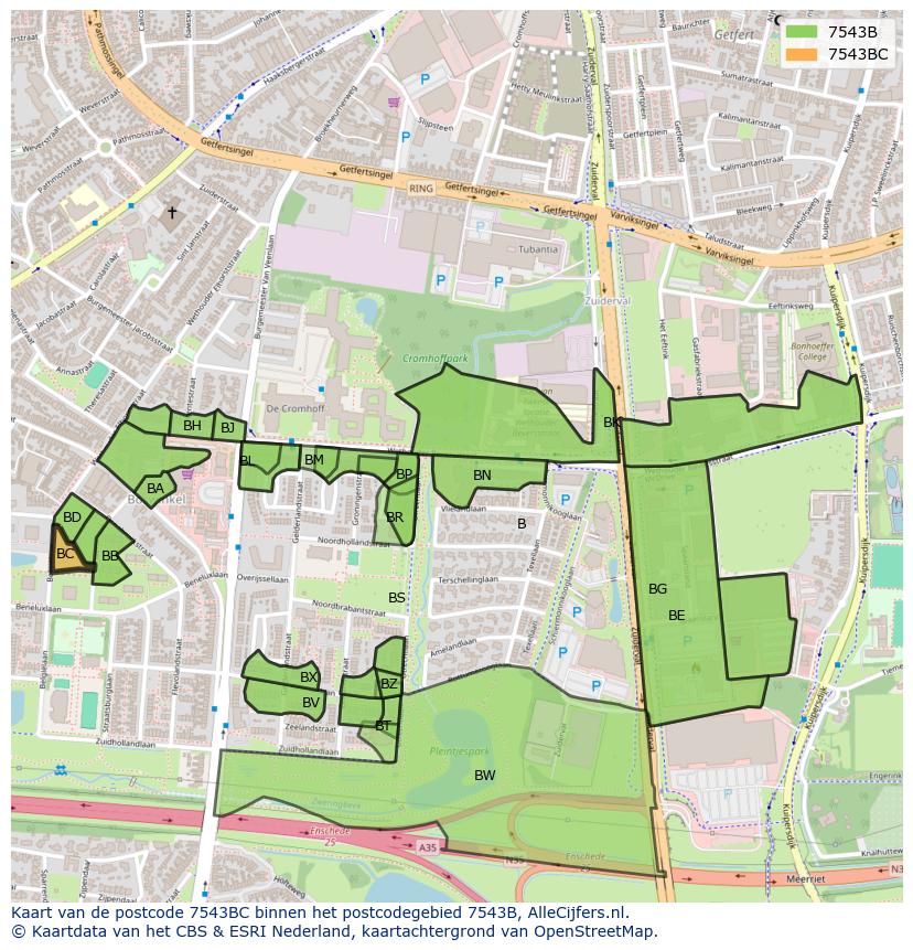 Afbeelding van het postcodegebied 7543 BC op de kaart.