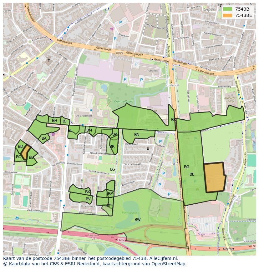 Afbeelding van het postcodegebied 7543 BE op de kaart.