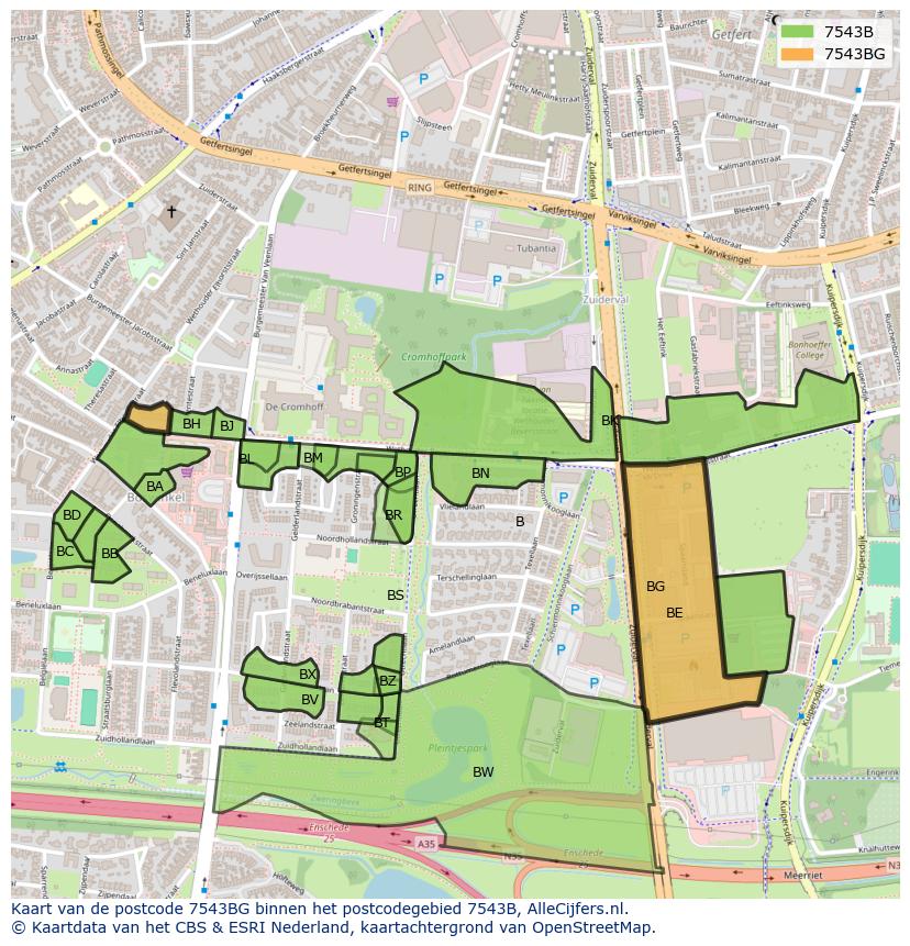 Afbeelding van het postcodegebied 7543 BG op de kaart.