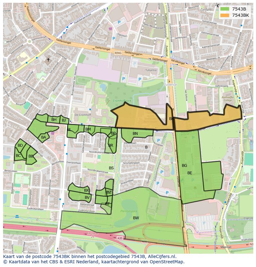 Afbeelding van het postcodegebied 7543 BK op de kaart.