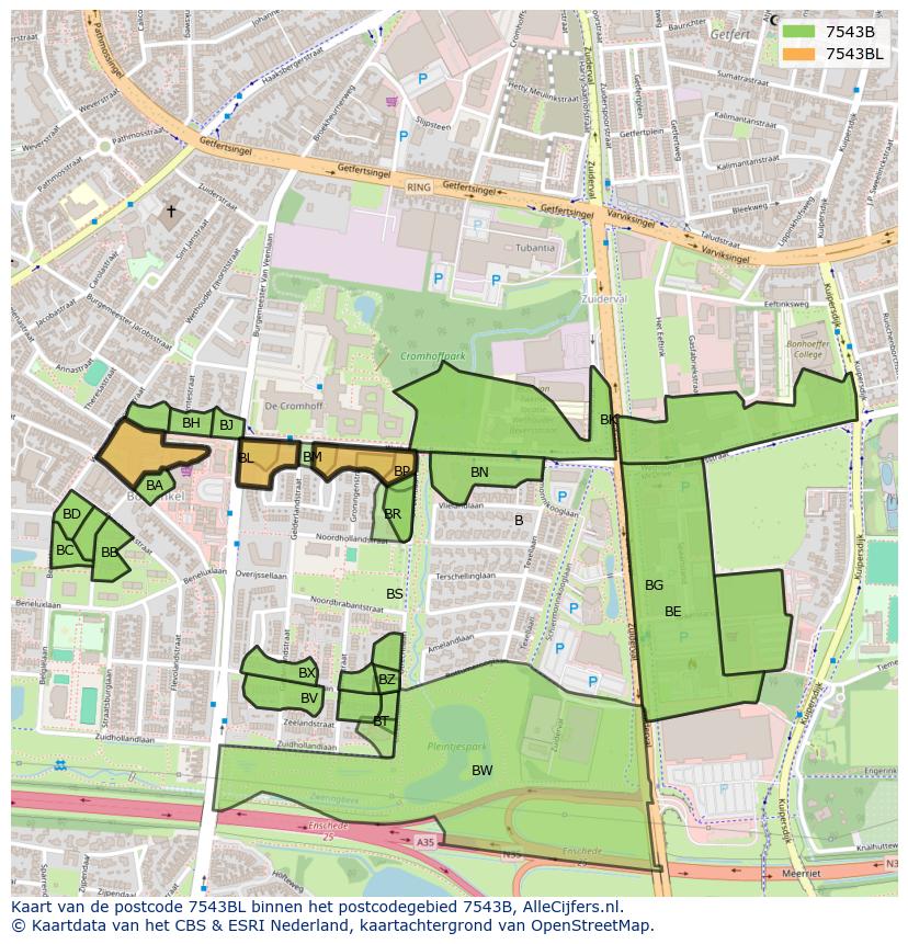 Afbeelding van het postcodegebied 7543 BL op de kaart.