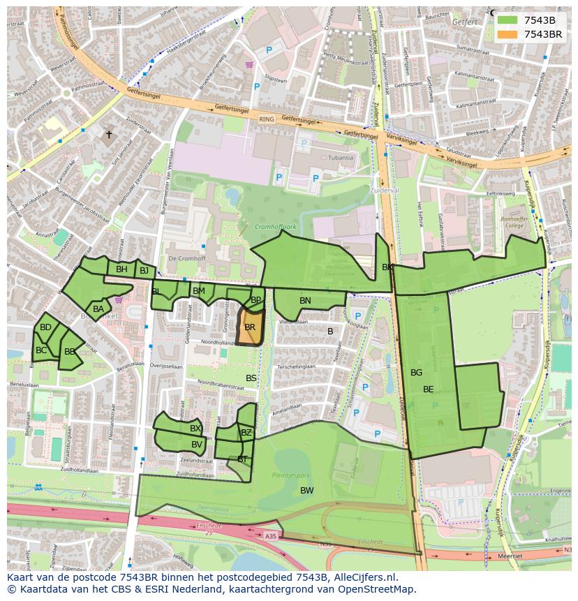 Afbeelding van het postcodegebied 7543 BR op de kaart.