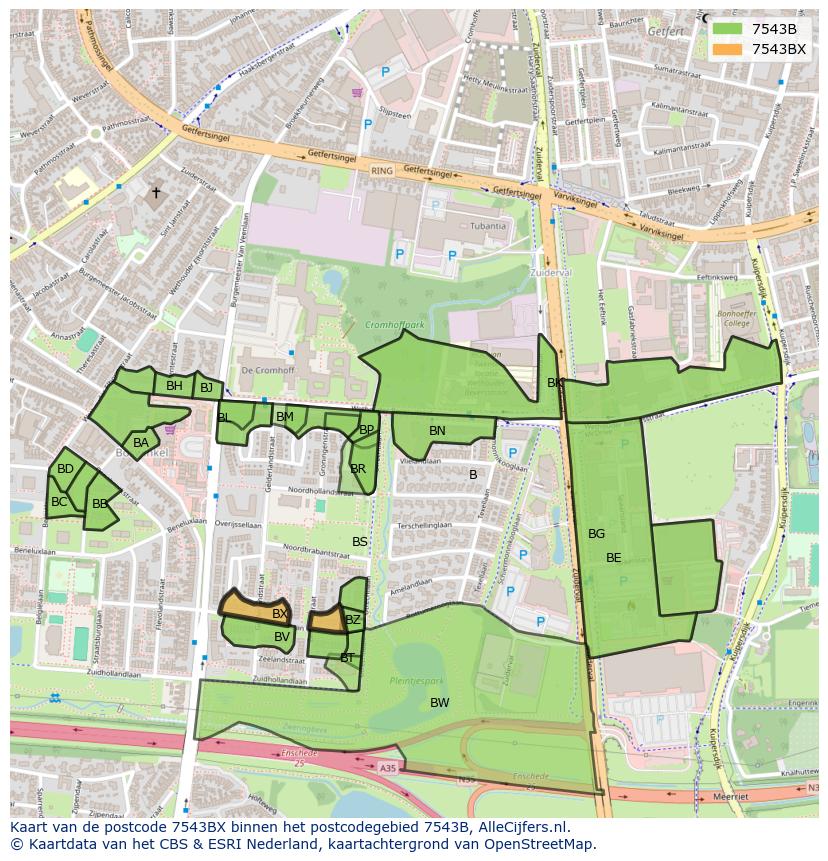 Afbeelding van het postcodegebied 7543 BX op de kaart.