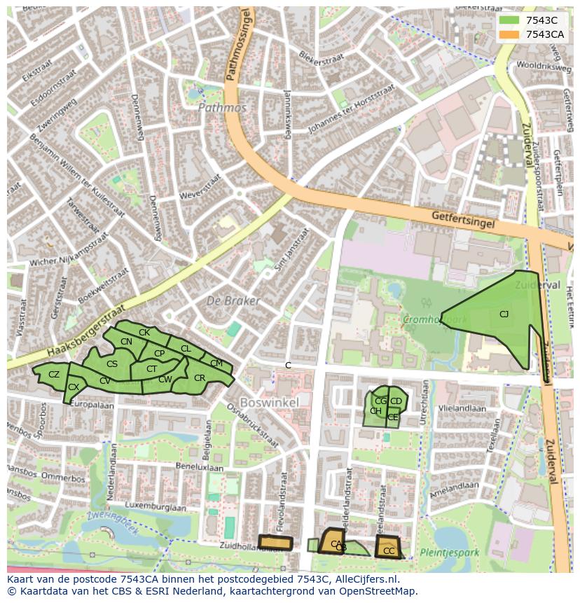 Afbeelding van het postcodegebied 7543 CA op de kaart.