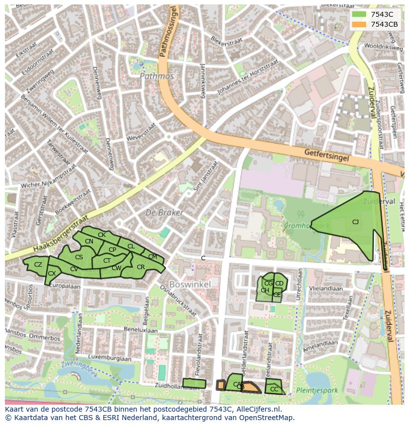 Afbeelding van het postcodegebied 7543 CB op de kaart.