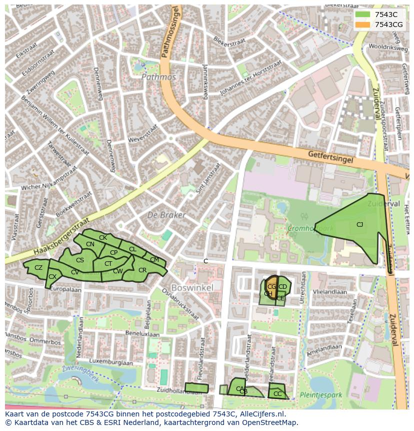 Afbeelding van het postcodegebied 7543 CG op de kaart.