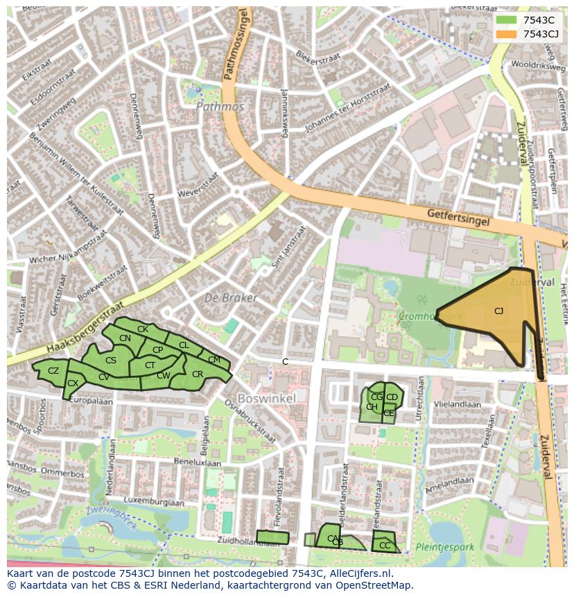 Afbeelding van het postcodegebied 7543 CJ op de kaart.