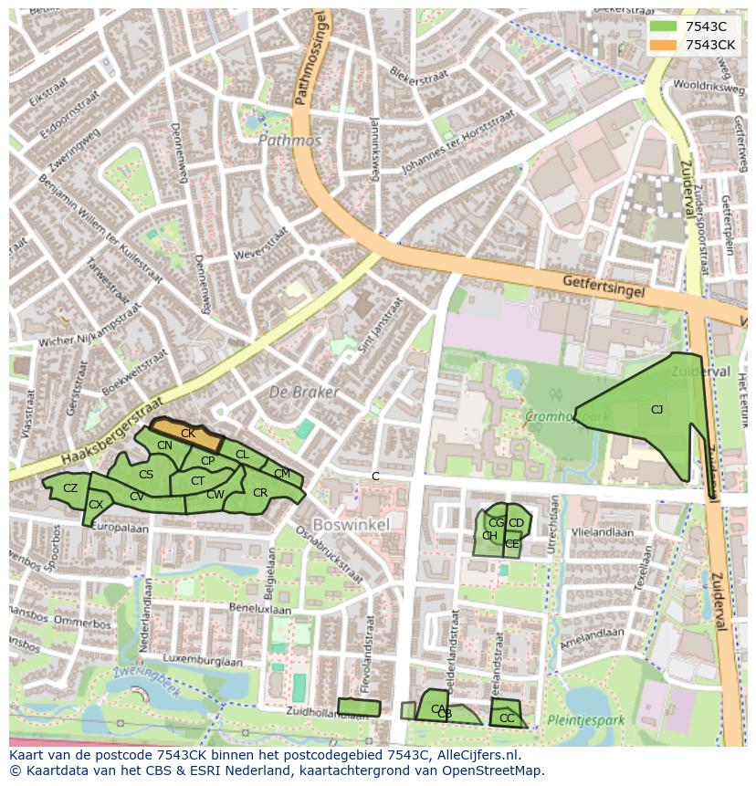 Afbeelding van het postcodegebied 7543 CK op de kaart.