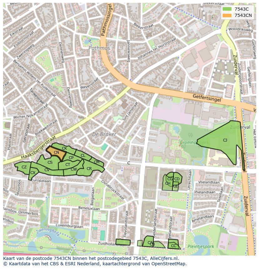Afbeelding van het postcodegebied 7543 CN op de kaart.