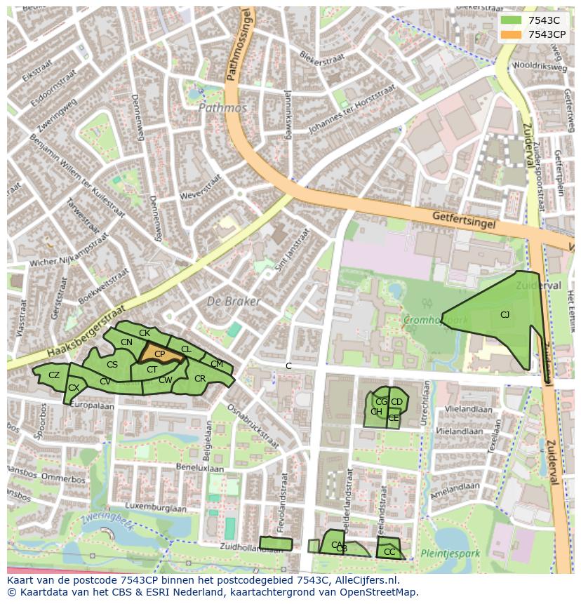 Afbeelding van het postcodegebied 7543 CP op de kaart.