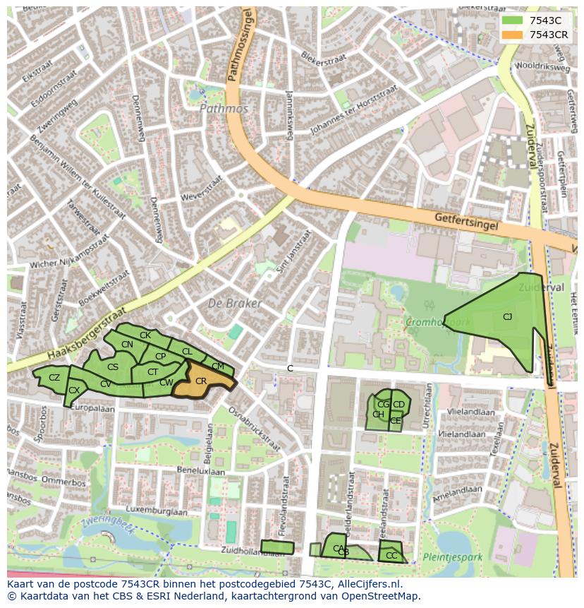 Afbeelding van het postcodegebied 7543 CR op de kaart.