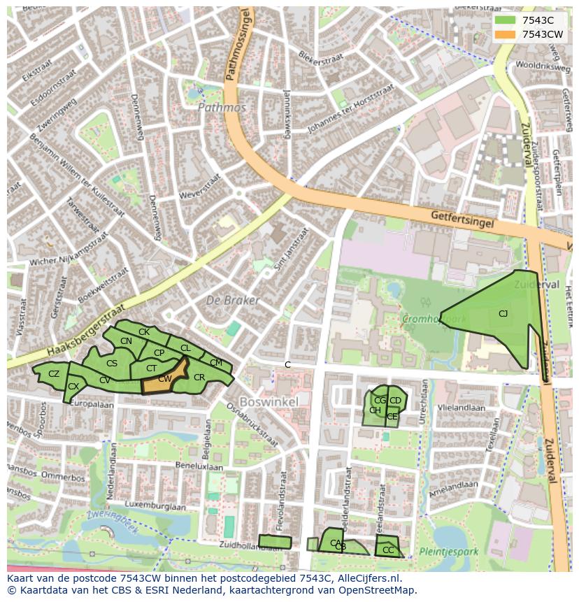 Afbeelding van het postcodegebied 7543 CW op de kaart.