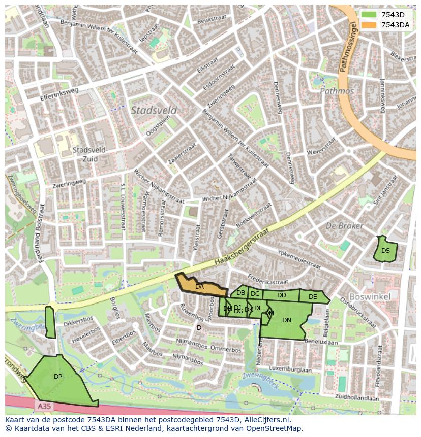 Afbeelding van het postcodegebied 7543 DA op de kaart.