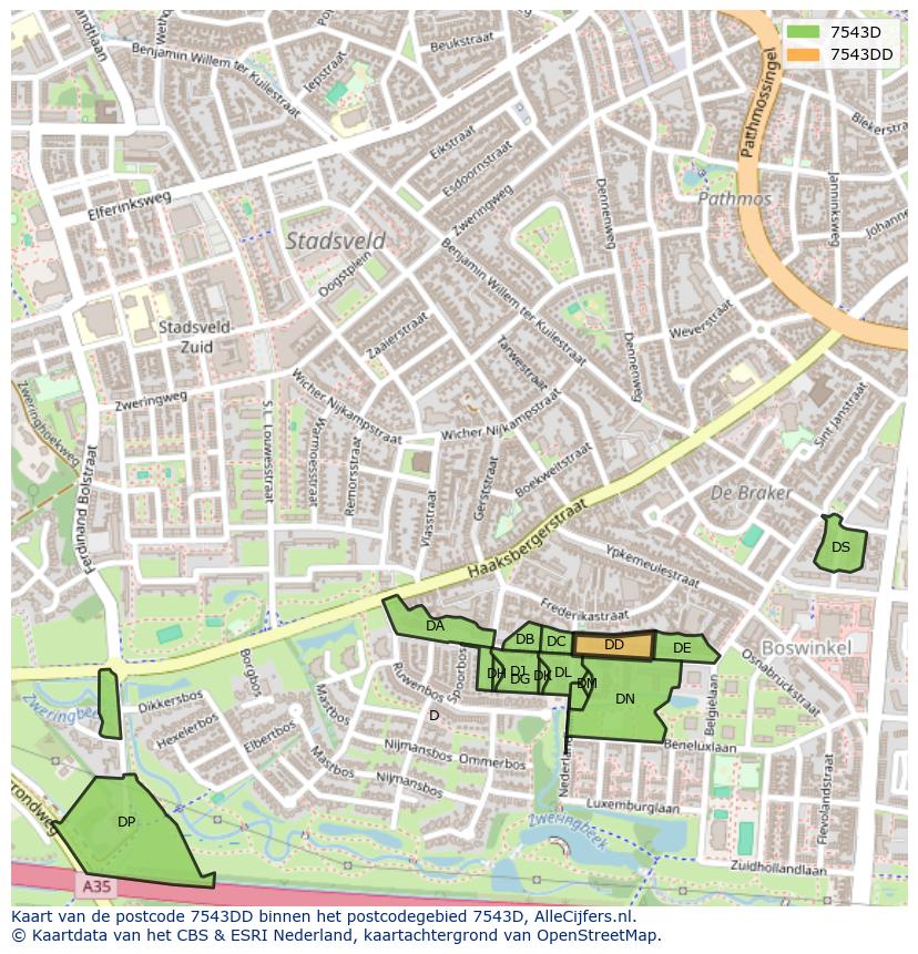 Afbeelding van het postcodegebied 7543 DD op de kaart.