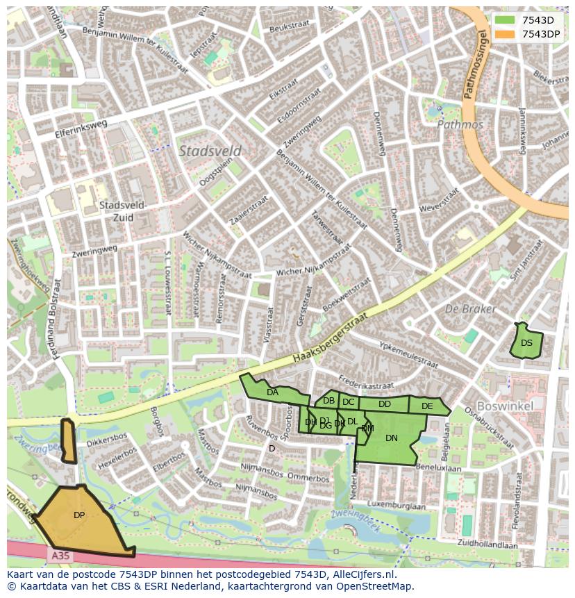 Afbeelding van het postcodegebied 7543 DP op de kaart.
