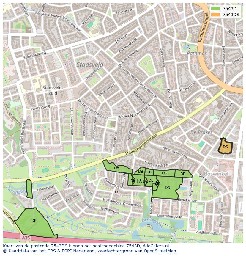 Afbeelding van het postcodegebied 7543 DS op de kaart.