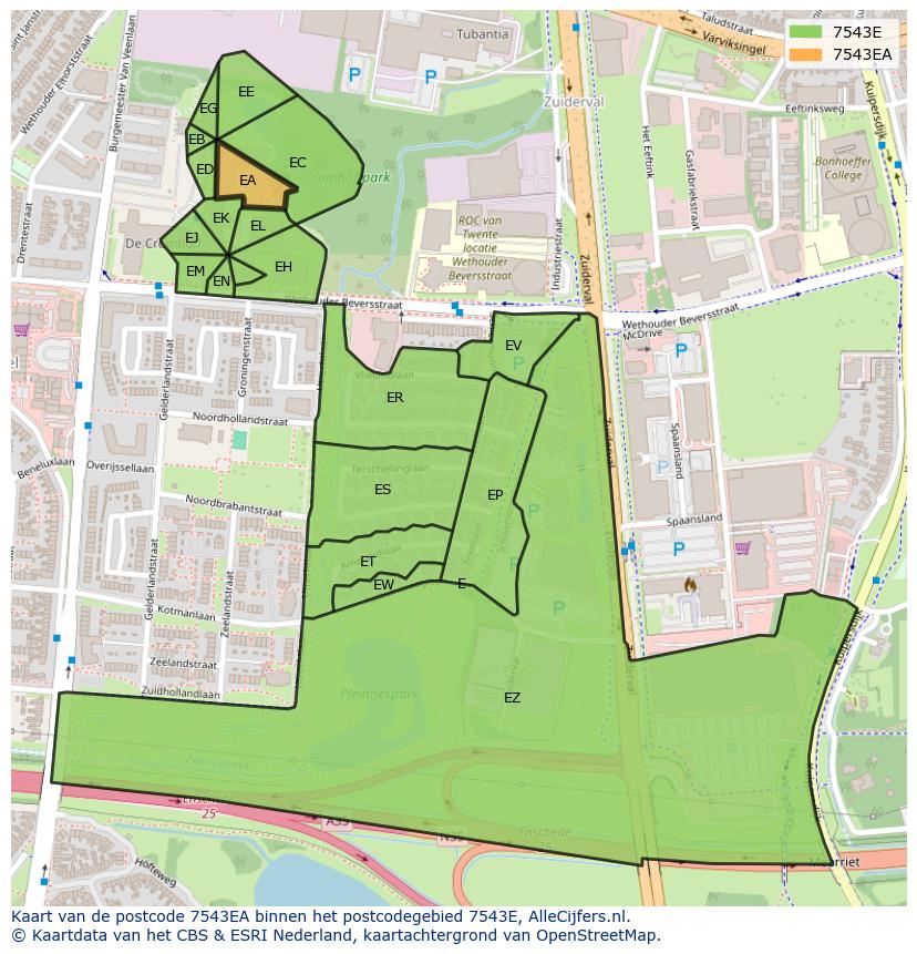 Afbeelding van het postcodegebied 7543 EA op de kaart.