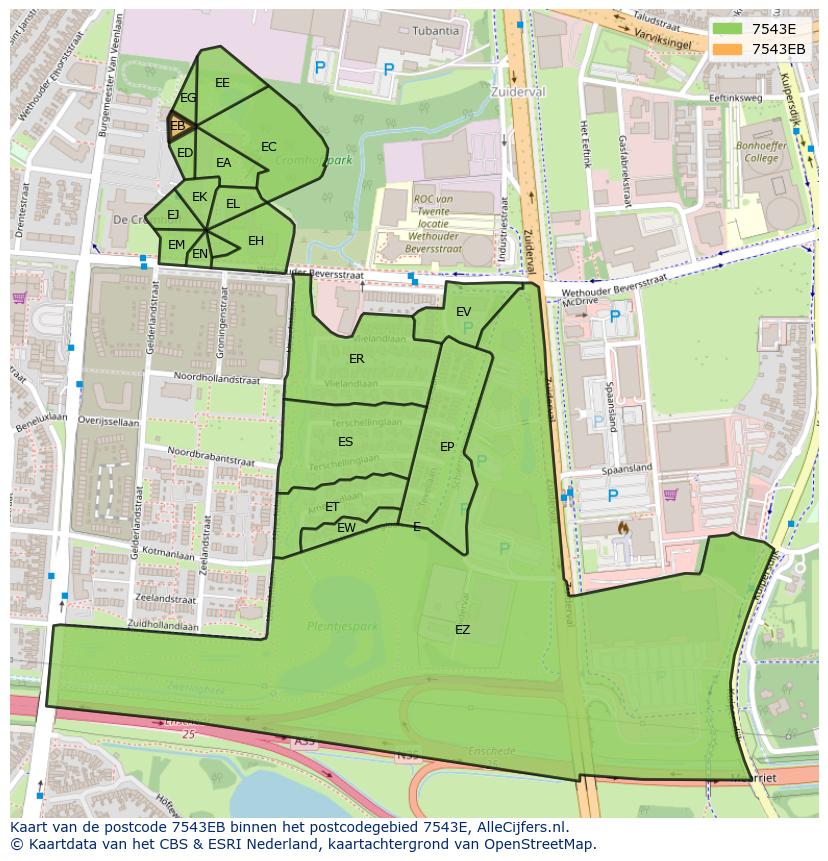 Afbeelding van het postcodegebied 7543 EB op de kaart.