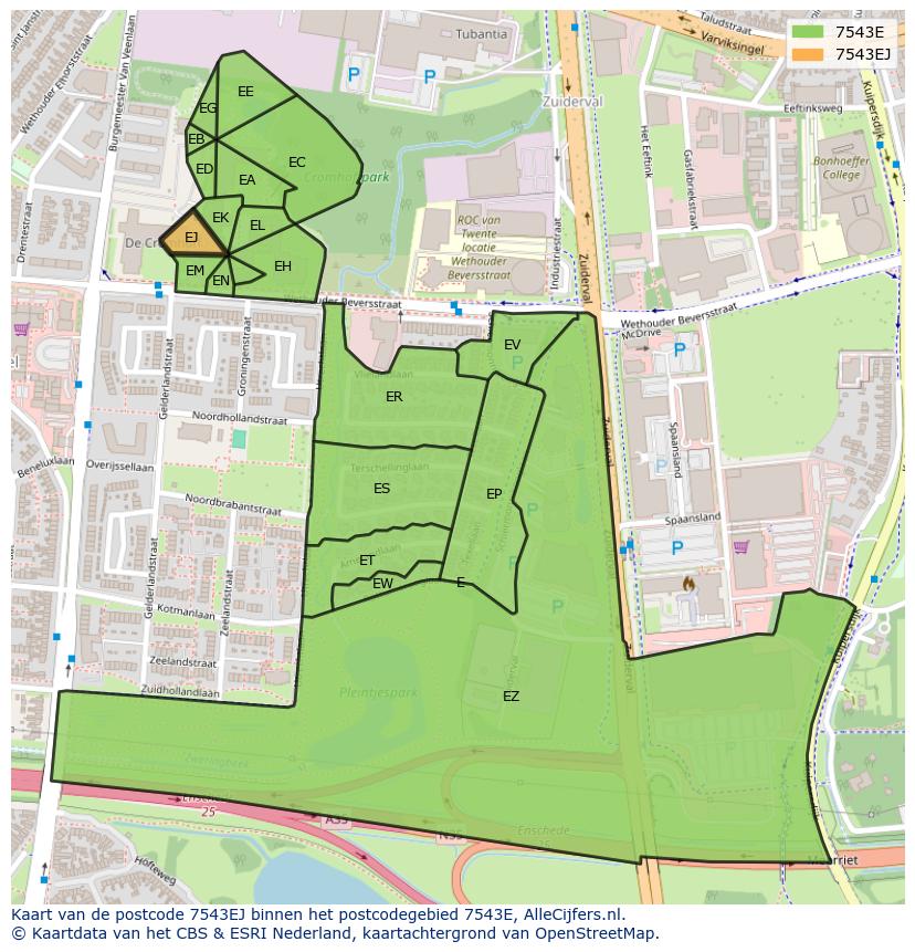 Afbeelding van het postcodegebied 7543 EJ op de kaart.