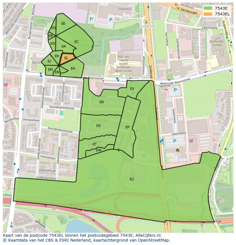Afbeelding van het postcodegebied 7543 EL op de kaart.