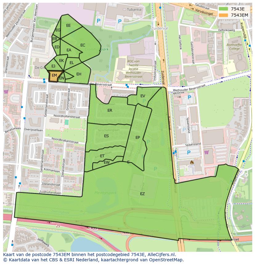 Afbeelding van het postcodegebied 7543 EM op de kaart.