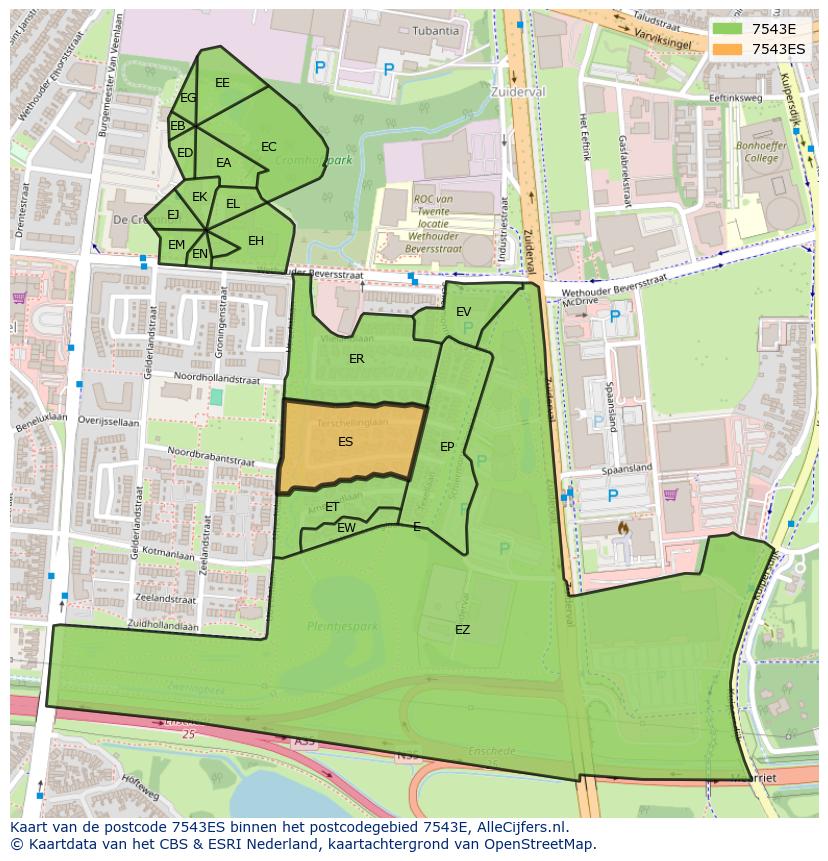 Afbeelding van het postcodegebied 7543 ES op de kaart.