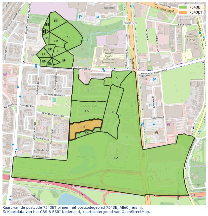 Afbeelding van het postcodegebied 7543 ET op de kaart.