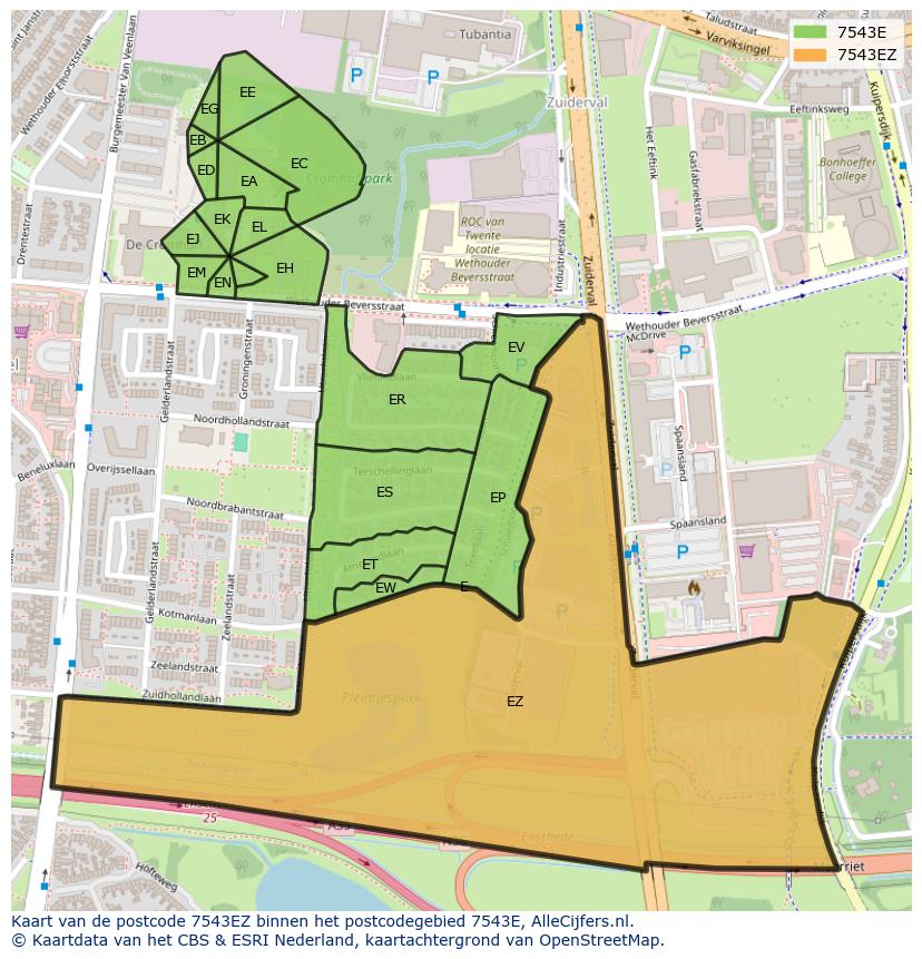 Afbeelding van het postcodegebied 7543 EZ op de kaart.