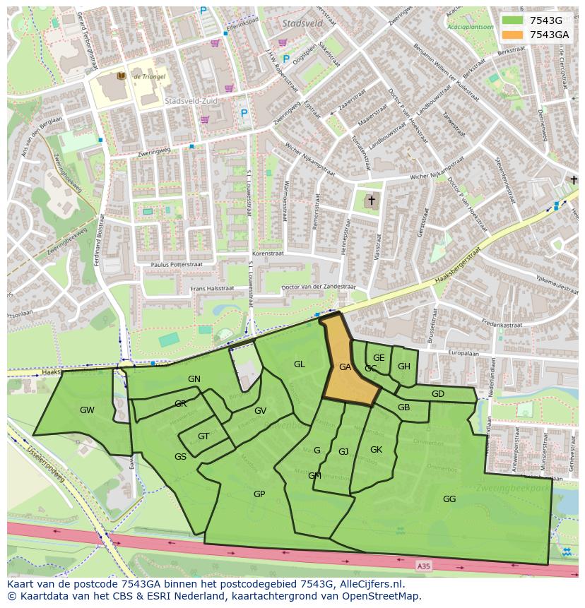 Afbeelding van het postcodegebied 7543 GA op de kaart.