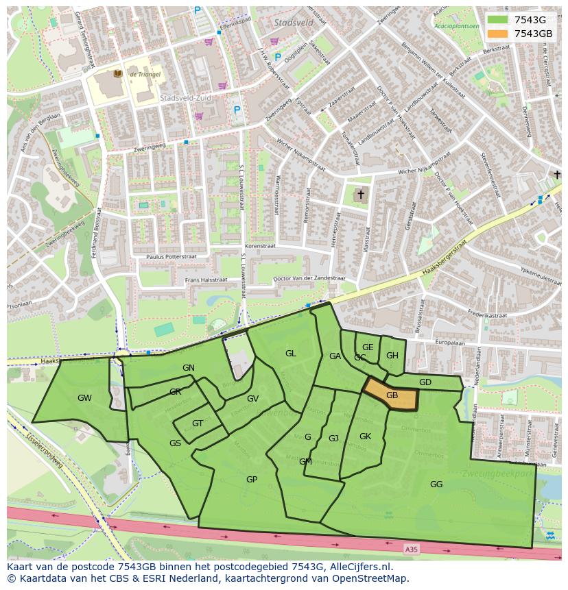 Afbeelding van het postcodegebied 7543 GB op de kaart.