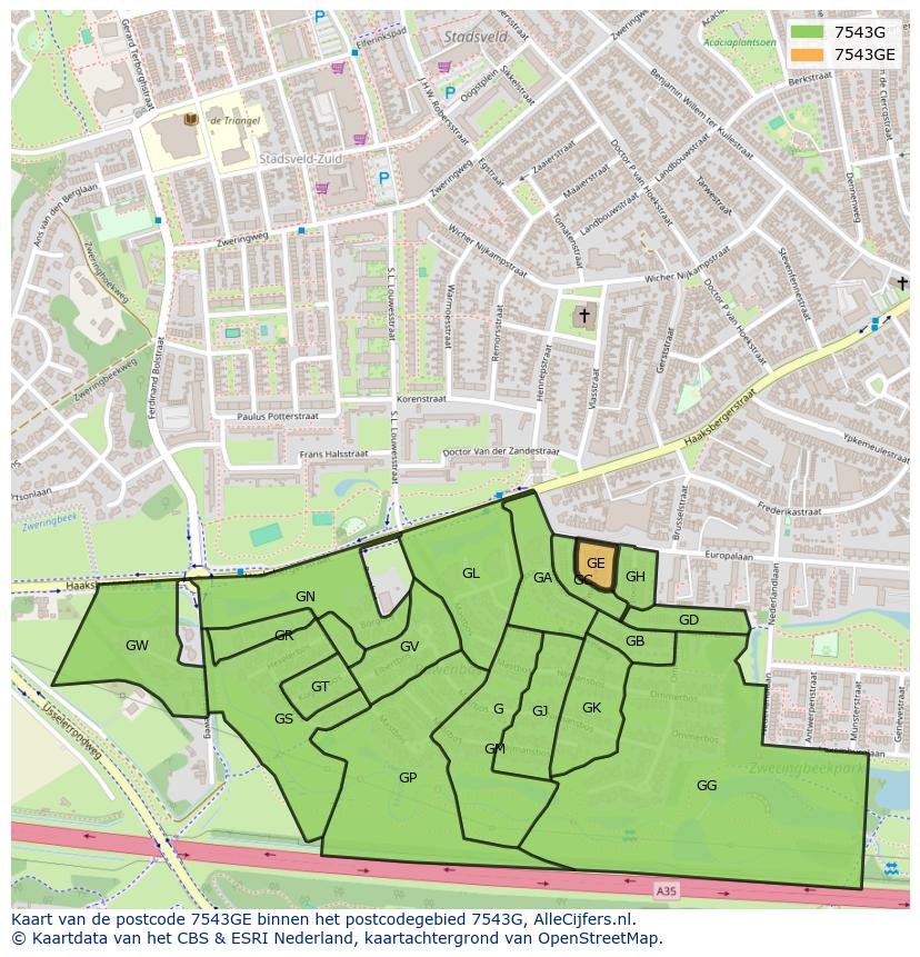 Afbeelding van het postcodegebied 7543 GE op de kaart.