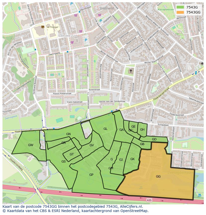 Afbeelding van het postcodegebied 7543 GG op de kaart.