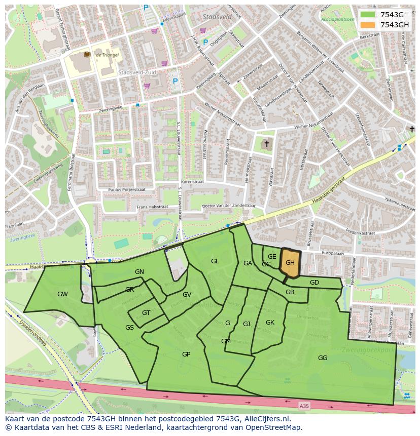 Afbeelding van het postcodegebied 7543 GH op de kaart.