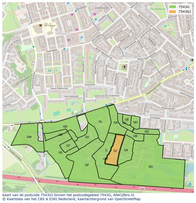 Afbeelding van het postcodegebied 7543 GJ op de kaart.