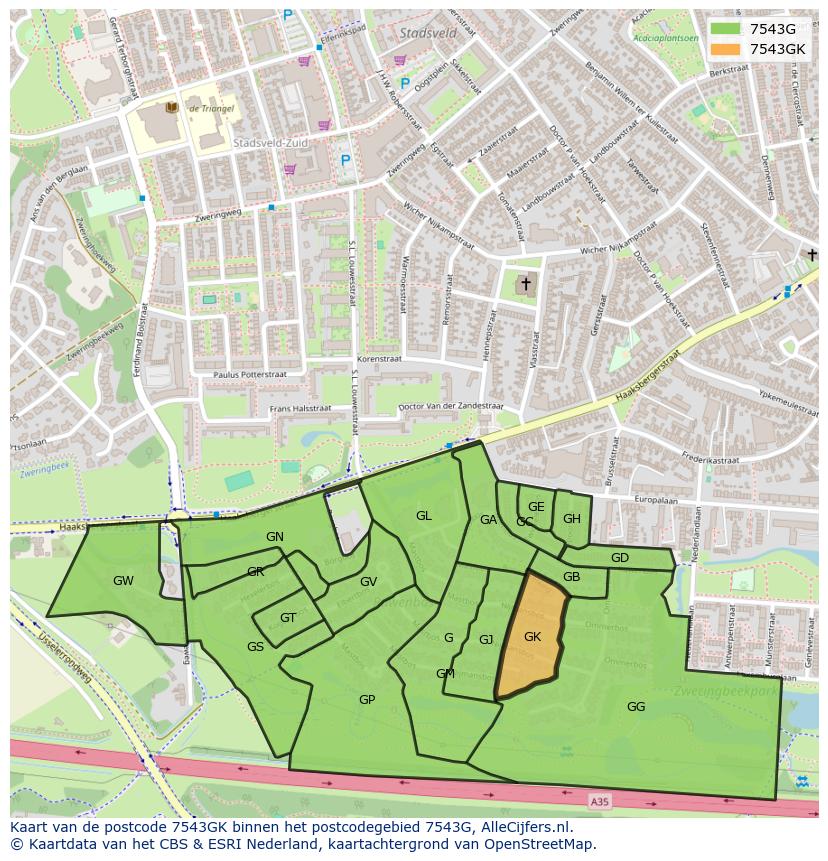 Afbeelding van het postcodegebied 7543 GK op de kaart.