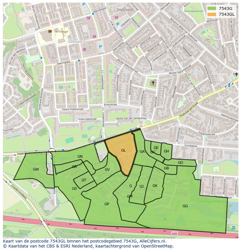 Afbeelding van het postcodegebied 7543 GL op de kaart.
