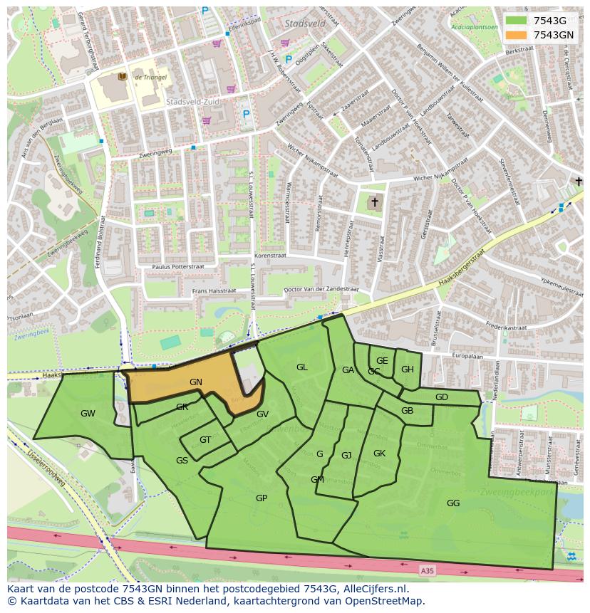 Afbeelding van het postcodegebied 7543 GN op de kaart.