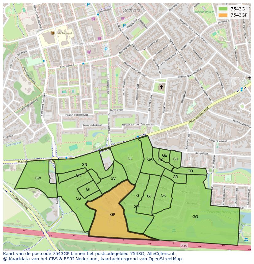 Afbeelding van het postcodegebied 7543 GP op de kaart.