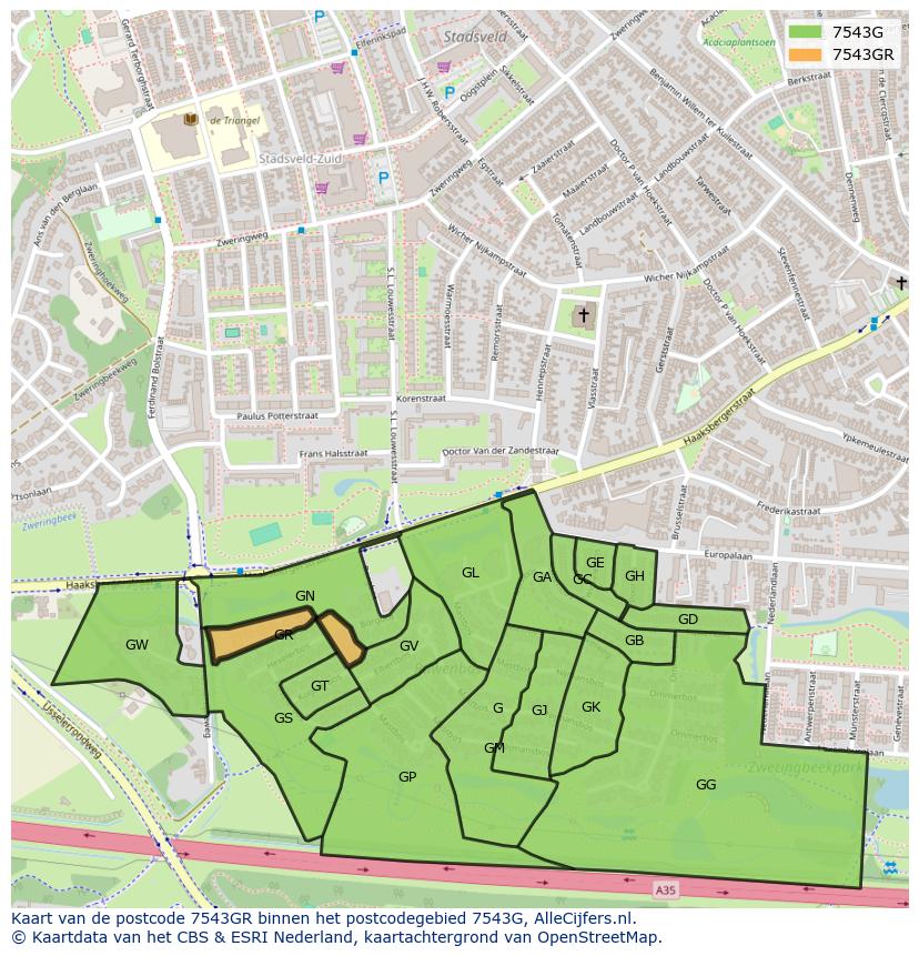 Afbeelding van het postcodegebied 7543 GR op de kaart.