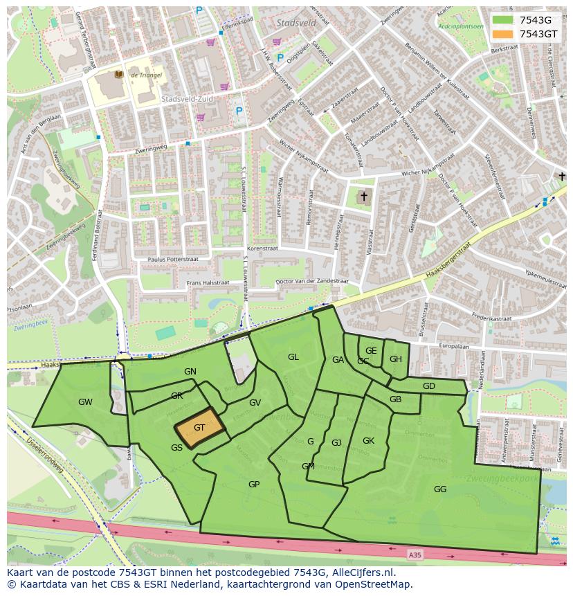 Afbeelding van het postcodegebied 7543 GT op de kaart.