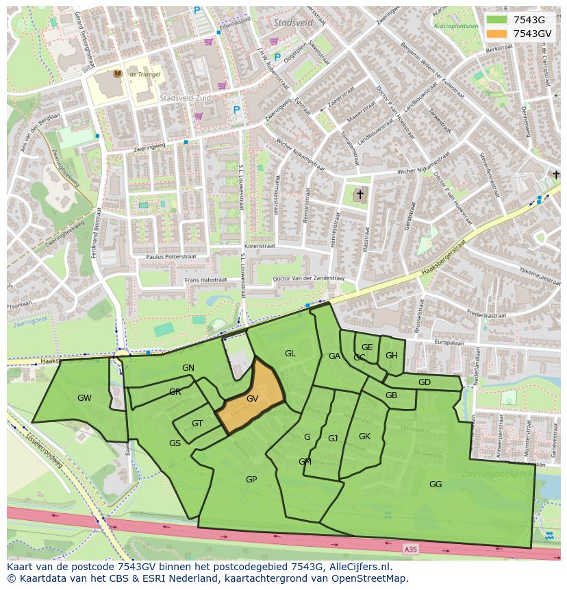 Afbeelding van het postcodegebied 7543 GV op de kaart.