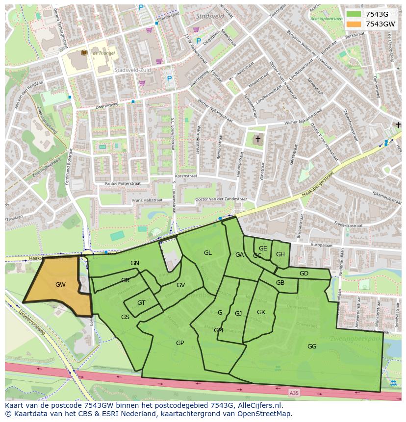 Afbeelding van het postcodegebied 7543 GW op de kaart.
