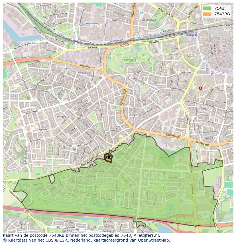 Afbeelding van het postcodegebied 7543 RB op de kaart.